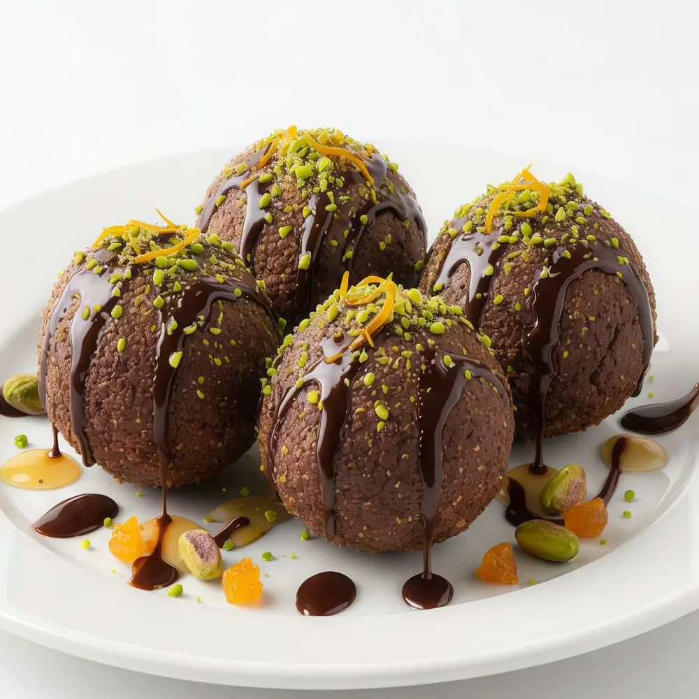 Buñuelos de chocolate especiado con pistacho y naranja