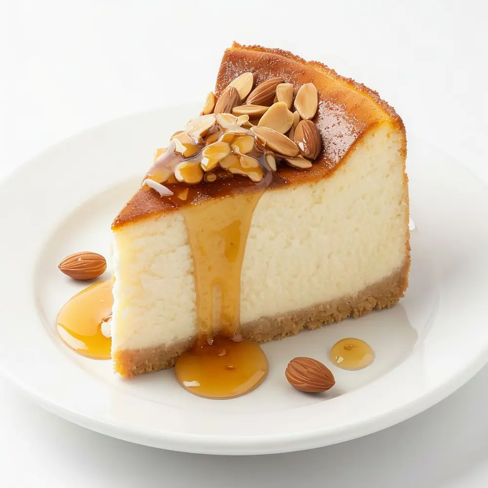 Cheesecake cremosa con almendras tostadas y miel